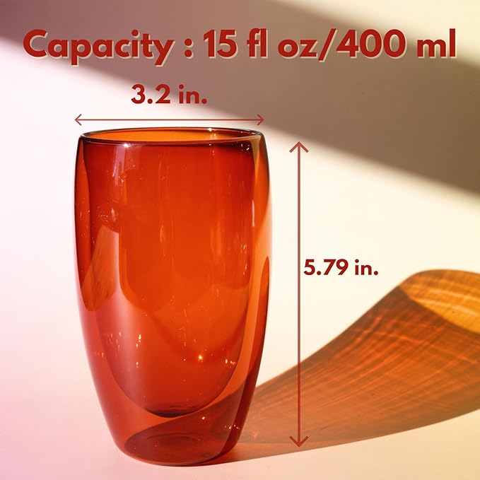 Double Wall Glass Cup 15oz Insulated Coffee Mug for Coffee Tasting Christmas Drinks Home Café Cozy Nights Holiday Gifts Set in Amber Brown/Rose Pink