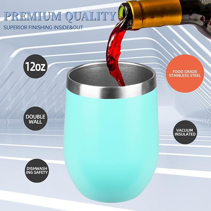 12oz/4 Pack Wine Tumbler with lid, Stainless Steel Travel Mugs Stemless Double Wall Insulated Coffee Cup, Insulated Wine Glasses Travel Tumbler for Cold & Hot Drinks(Light Green,4)