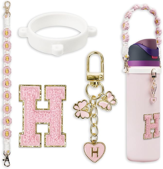 Compatible with Owala Water Bottle Accessories, Cute Letter Charm Set with Boho Handle Strap, Monogram Sticker, Silicone Ring, Keychain Decoration, for FreeSip 24 32 40oz, Owala Kids, Tumbler Gift