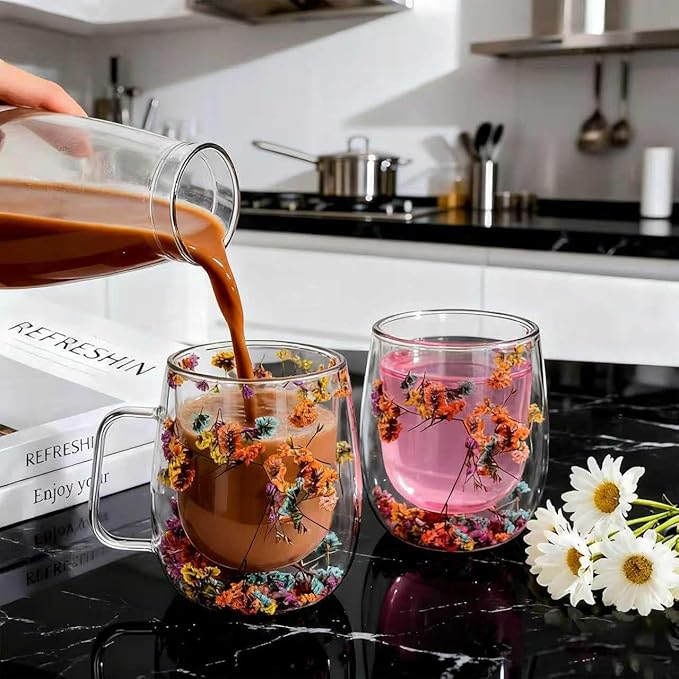 Double Wall Glass Coffee Mug, Clear Flower Tea Cup with Handle, Insulated Glass for Hot and Cold Drinks, Heat Resistant Glass Cup for Latte Cappuccino Espresso 350ml