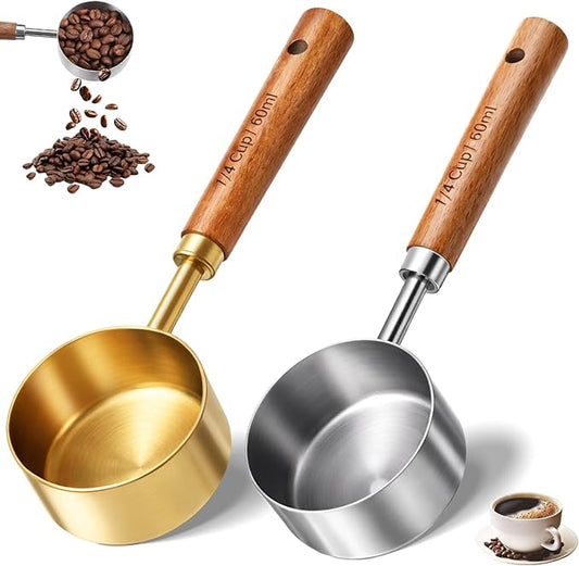 2 Pcs Measuring Cup with Wooden Handle Food Scoop Measuring Cups 1/4 Cup Stainless Steel Measurings Cups 60 ML Coffee Measurings Scoops (Gold Silver)