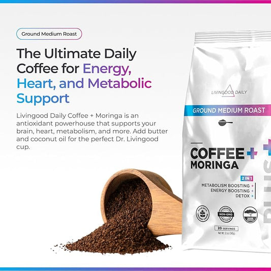 Livingood Daily Coffee with Moringa, Ground Medium Roast Coffee with Plant Based Ingredients for Morning Energy, Made with Moringa Powder, Organic, Non GMO, Vegan, Gluten Free, 20 Servings, 12 oz Bag