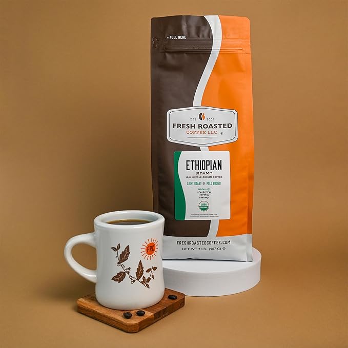 Fresh Roasted Coffee, Organic Ethiopian Sidamo | Fair Trade, USDA Organic, 100% Single Origin, Kosher | Light Roast 2 lb (32 oz) Whole Bean