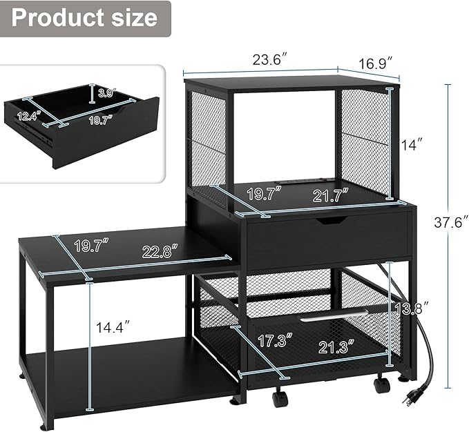 PUNCIA Mini Fridge Stand with Storage, Coffee Bar Cabinet with Power Outlet and Drawer — Beverage Refrigerator Table, Microwave Oven Stand with Rolling Basket for Home, Dorm, Apartment, Pantry
