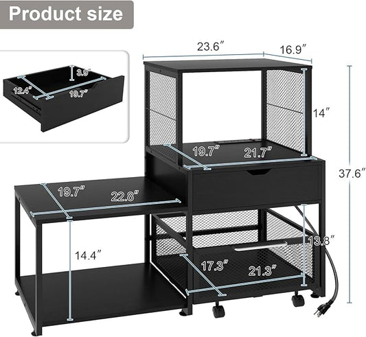 PUNCIA Mini Fridge Stand with Storage, Coffee Bar Cabinet with Power Outlet and Drawer — Beverage Refrigerator Table, Microwave Oven Stand with Rolling Basket for Home, Dorm, Apartment, Pantry