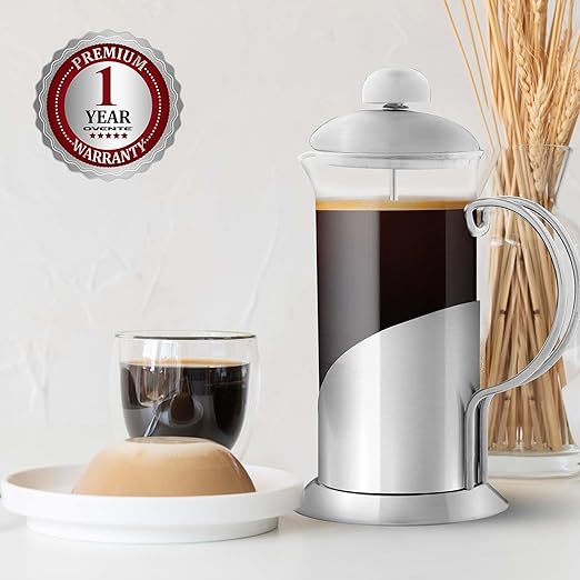 OVENTE French Press Coffee Maker 12 Ounce, 4 Level Stainless Steel Filter System & Heat Resistant Borosilicate Glass, Scoop included, Silver FSL12S