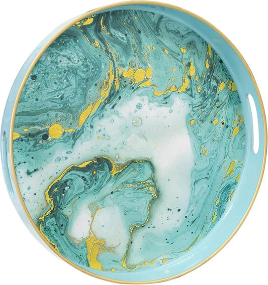 MAONAME Turquoise Decorative Tray for Coffee Table, 13" Modern Marbling Serving Tray with Handles, Plastic Round Trays for Ottoman, Bathroom, Storage