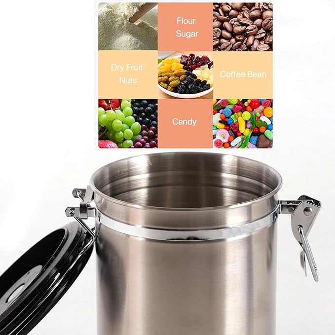 SUEIANNMN1.8L Coffee Canister Airtight, 26oz Coffee Storage Container Stainless Steel Air Tight Coffee Jar with Scoop, Date Tracker, 2 Extra CO2 Release Valve for Beans Ground Tea Flour Sugar (Sliver)