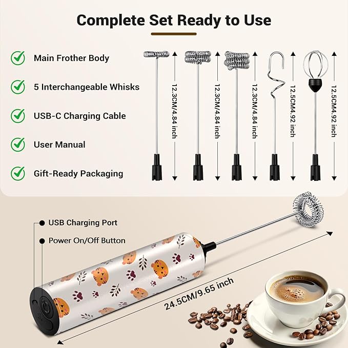 Milk Frother Handheld Rechargeable - 2-Speed Electric Whisk with 5 Detachable Heads (Frother/Mixer/Whisk) for Coffee, Latte, Cappuccino & Matcha, Drink Mixer (Flower 3)