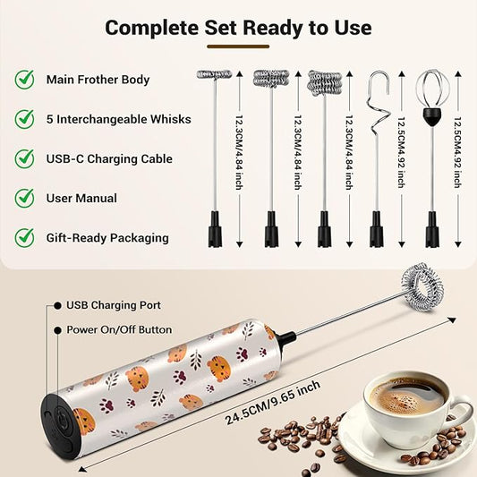 Milk Frother Handheld Rechargeable - 2-Speed Electric Whisk with 5 Detachable Heads (Frother/Mixer/Whisk) for Coffee, Latte, Cappuccino & Matcha, Drink Mixer (Flower 3)