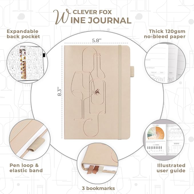 Clever Fox Wine Journal for Wine Tasting – Guided Wine Diary & Log Book with Tasting Instructions, Aroma Wheel, Food Pairing & Glass Guide – 132 Entries, Hardcover, A5 Size (Seashell)