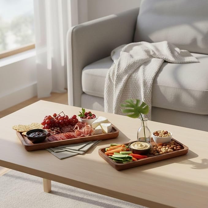 NAZANIN Set of 2 Natural Acacia Wood Serving Trays - Rectangular Wooden Trays for Coffee Table and Ottoman- Solid Wood Platters for Appetizers, Snacks, and Decor (11.4" & 7.5")