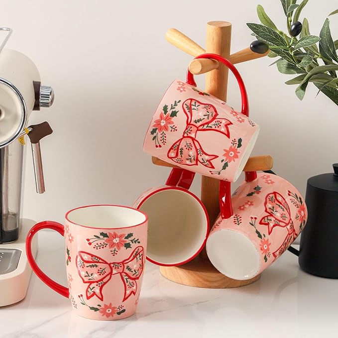 HASENSE Coffee Mugs Set of 4,16oz Ceramic Cups with Handle for Kitchen,Pink Bow Valentine's Day Latte Mugs for Hot Cocoa,Tea,Milk & Latte,Large Festive Stylish Mug Gift,Microwave and Dishwasher Safe