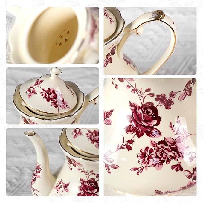 KAMMAK Teapot with Handle, Vintage Porcelain Tea Pot with Gold Trim, Blooming & Loose Leaf Teapot, Festive Holiday Serveware, Gifts for Women, Red Flowers - 30 oz