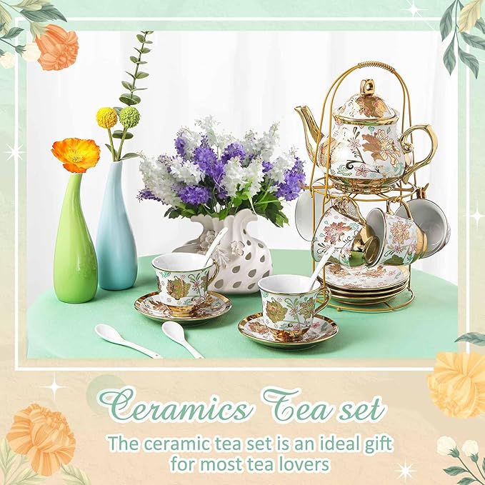 Zhehao 20 Pcs Porcelain Tea Set with Metal Holder and Spoon Adult Ceramic Tea Set European Flower Painting Teapot Cup Saucer Spoon for Women, Large Version(Elegant Style)
