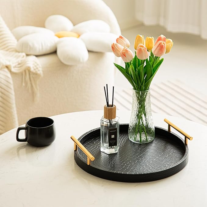 Decorative Serving Trays, Set of 2 Wood Modern Crocodile Leather Round Tray with Polished Metal Handles, Decorative Trays Coffee Table Tray Ottoman Platter for Home Decor (Black)
