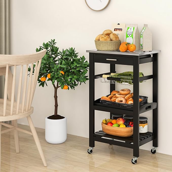 Giantex Kitchen Island Cart, Mobile Kitchen Storage Cart with Stainless Steel Tabletop, Drawer, Basket, Shelf, Serving Tray, Rolling Utility Trolley Cart on Wheels for Coffee Bar Dining Room, Black