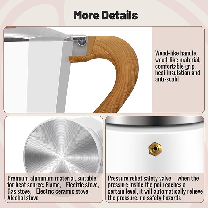Vaolvpant 9 Cup Aluminum Moka Pot Classic Stovetop Espresso Coffee Maker 450ml 15oz Coffeemaker Percolator Mocha Express Preferred Cafe Makers for Italian and Cuban Café Brewing White