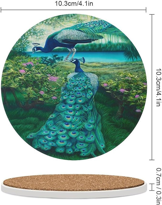 Round-4PCS Peacock Drink Coasters, Round Modern Ceramic Absorbent Coasters, Vintage Tree Branch Beautiful Plant Floral Green Peacock Decor Desk Coffee Table Coaster for Beverage Cup Tea Coasters