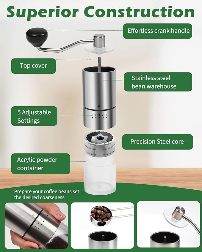 Stainless steel Burr Manual Coffee Grinder for Drip,French Press,5 Adjustable Settings,Hand Coffee Grinder,For Home Use and Camping,Coffee Bean Grinders With Hand Crank (Stainless steel Burr-Slivery)