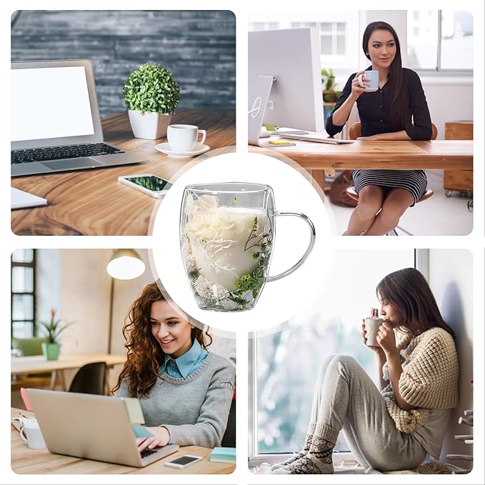 Flower Glass Double Wall Glass - 350ml Aesthetic Dried Flowers Double Wall Glass Coffee Mugs | Clear Glass Cups With Handle,Anti-Scalding Coffee Cups For Hot Beverages,Tea Or Coffee
