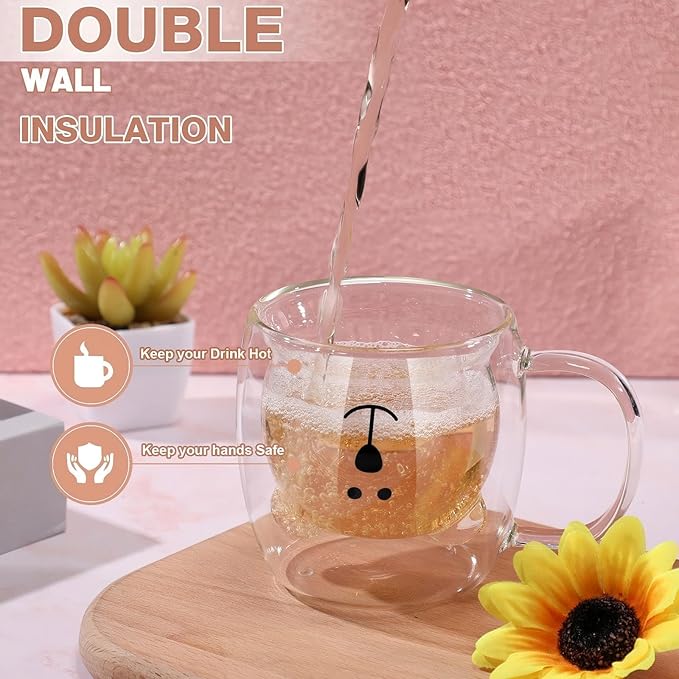 Patelai Cute Bear Tea Cup Double Wall Glass Milk Coffee Bear Mug with Handle Insulated Espresso Christmas Beer Cup Cute Birthday Gift for Women Men Valentine, 250 Ml/ 8. 4 oz(White,1 Piece)
