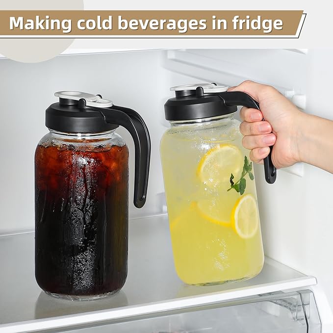 Set of 2, Glass Pitcher with Lid - 2 Quart Mason Jar Pitcher with Filter Lid, Wide Mouth Jar Leak-proof Water Jug, Heavy Duty Container for Water, Juice, Milk, Tea, Iced Coffee, and Drinks