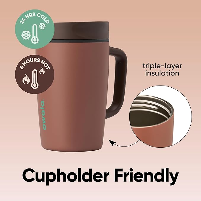 Owala SmoothSip Slider Stainless Steel Insulated Travel Mug with handle, 100% Leak Proof, For Hot and Cold Drinks, Travel Friendly with Sliding Lock Lid, 12oz, BPA Free, Leak Proof, Cozy Cocoa