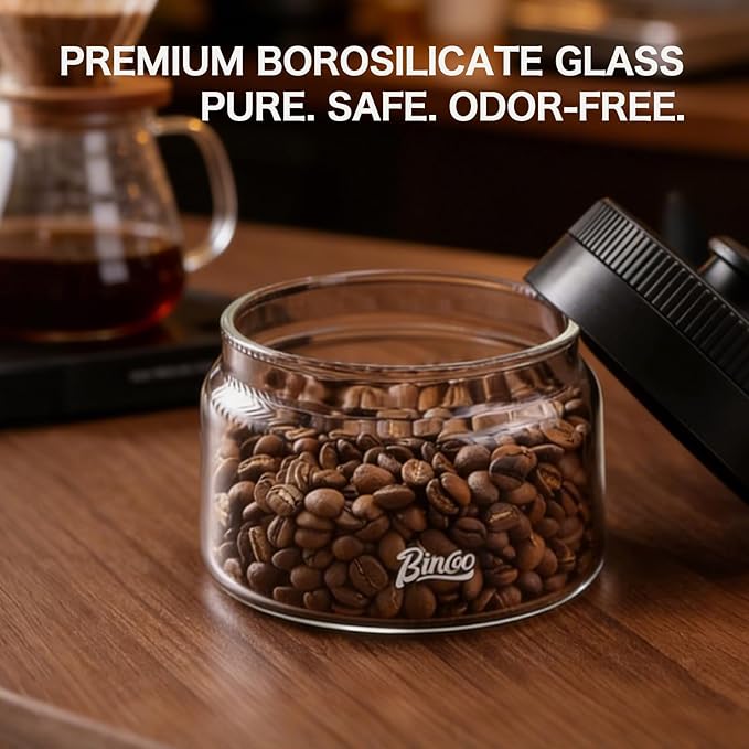 Bincoo Vacuum Sealed Coffee Canister with Time Tracker - Airtight Food Storage Container, Manual Pump Preserves Freshness for Coffee Beans, Nuts, Dry Goods, Glass Jar with Date Dial (0.4L)