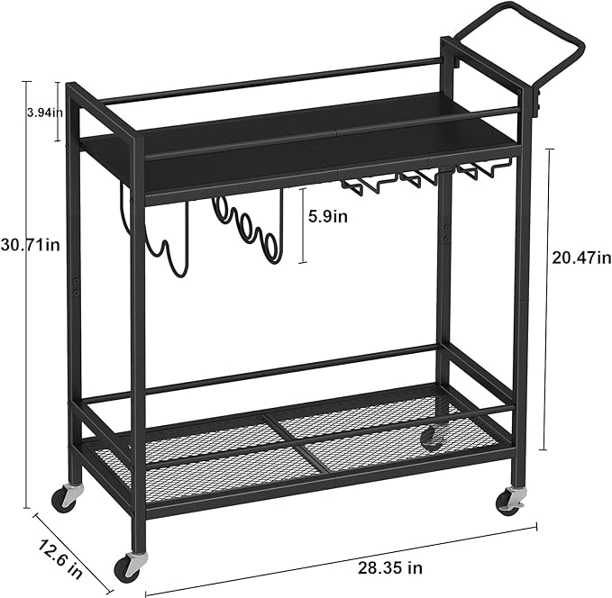LAATOOREE Home Bar Serving Cart, Mobile Drink Beverage Cart with Two-Color Top Shelf, Rolling Kitchen Cart with Wine Holder and Glass Holder, for Dinning Room, Living Room, Kitchen