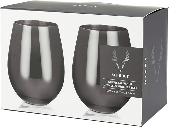 Viski Gunmetal Stainless Steel Wine Glasses, Modern Wine Tumblers, Elegant Drinking Glasses for Red and White Wines, Wedding Gifts, Holiday, Birthday Party, Home Bar, Drinkware Set of 2, 18 oz, Black