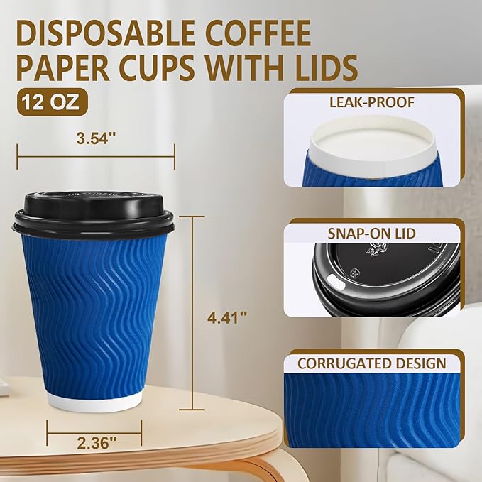 Clawsoff 500 Pack Coffee Cups with Lids 12oz, Disposable Insulated Ripple Wall To Go Paper Coffee Cups for Hot/Cold Drinks Office Home Shop Event (Navy)