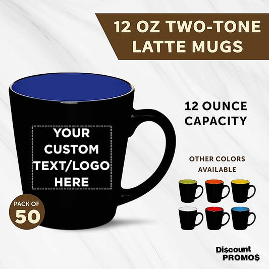 Custom Ceramic Coffee Latte Mugs 12 oz. Set of 50, Personalized Bulk Pack - Perfect for Coffee, Tea, Espresso, Hot Cocoa, Other Beverages - Royal Blue
