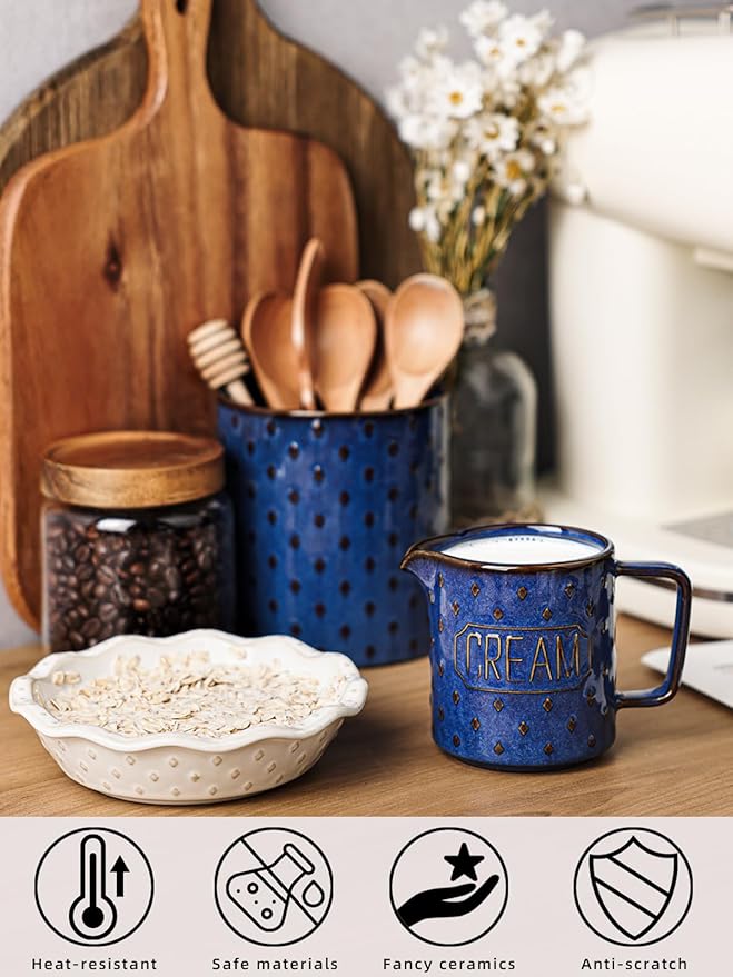 9 OZ Creamer Pitcher, Ceramic Creamer with Handle, Small Milk Pitcher Cup for Coffee, Sauces, Salad, Microwave & Dishwasher Safe (Vintage Blue)