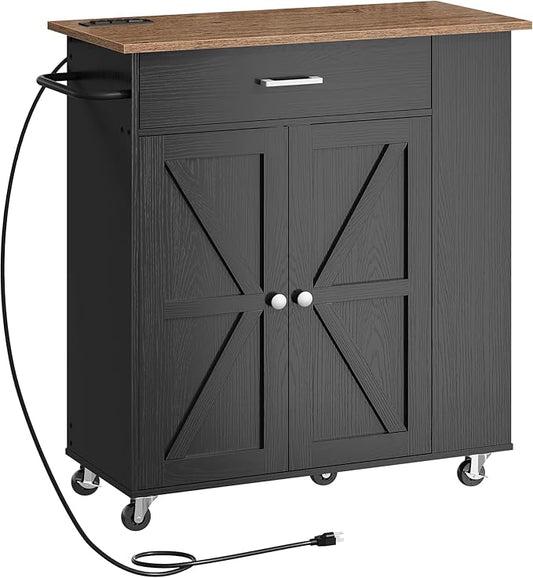 Kitchen Island Cart with Storage, Bar Cart with Charging Station, Kitchen Island on Wheels, Rolling Mobile Table with Cabinet, 3 AC Outlets, Black and Walnut MZD04UBL