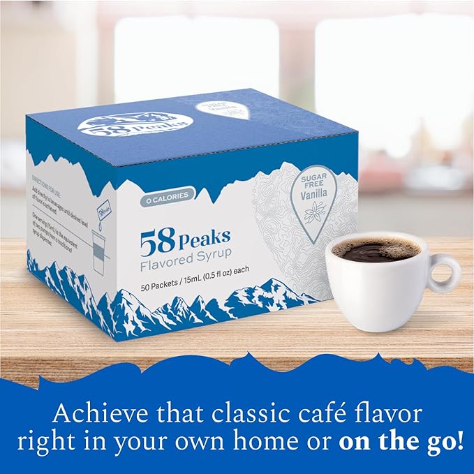 58Peaks Sugar-Free Vanilla Syrup Sweetener Packets for Hot and Cold Drinks | To-Go Syrup Flavoring Perfect for Coffee, Tea, Milkshakes and More | Flavored Coffee Syrups for Travel | 15mL | 50-Pack