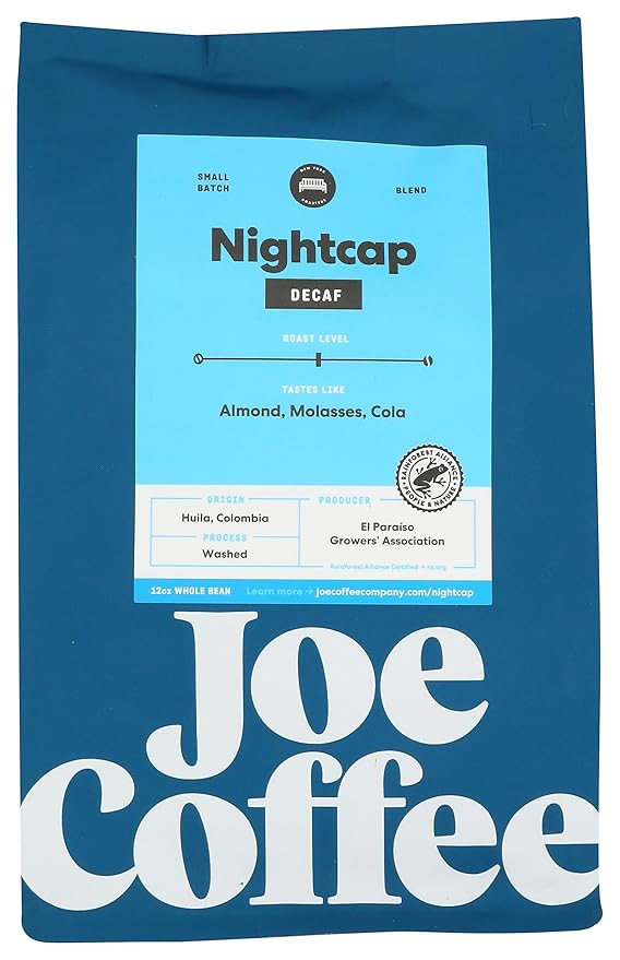 Joe Coffee Company - Nightcap Decaffeinated Whole Bean Specialty Coffee, 12 oz Bag | NYC Roaster, Rainforest Alliance Certified, Kosher, Climate-Friendly