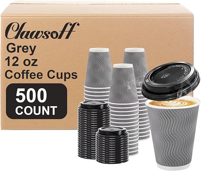 Clawsoff 500 Pack Coffee Cups with Lids 12oz, Disposable Insulated Ripple Wall To Go Paper Coffee Cups for Hot/Cold Drinks Office Home Shop Event (Grey)