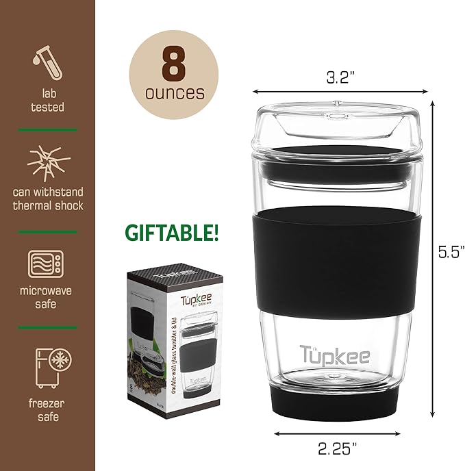 Tupkee Double Wall All Glass Tumbler - 8-Ounce, Reusable Insulated Tea/Coffee Mug & Lid, Hand Blown Glass Travel Mug - Black - 2 Pack