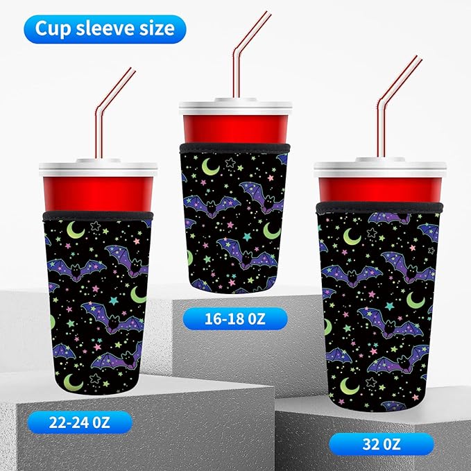 3 Pack Reusable Neoprene Insulator Sleeve for Iced Coffee Cups, Funny Coffee Cup Sleeves for 16-32oz Coffee cups, Cute Drink Sleeve for Cold Hot Beverages Cute Black Bats