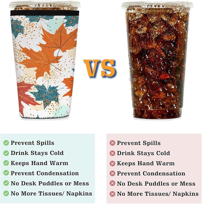 Colored Fall Maple Leaves Iced Coffee Sleeve for Cold Drink Cups, Reusable Neoprene Insulated Drink Sleeves Cup Cover for Beverages, Fits 16-18 oz