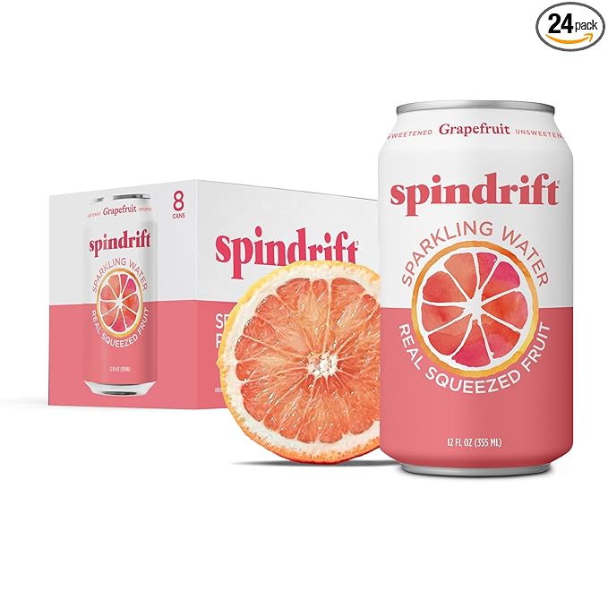 Spindrift Sparkling Water, Grapefruit Flavored, Made with Real Squeezed Fruit, (Only 15 Calories per Can), 12 Fl Oz (Pack of 24)