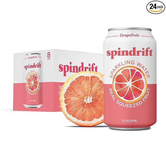 Spindrift Sparkling Water, Grapefruit Flavored, Made with Real Squeezed Fruit, (Only 15 Calories per Can), 12 Fl Oz (Pack of 24)