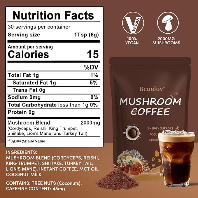 2 Bag Mushroom Coffee, Instant Mushroom Coffee Powder with 6 Adaptogenic Mushrooms (Cordyceps, Lion’s Mane, Shiitake, Turkey Tail) and MCT Oil for Better Energy, Focus, Immune Support - 60 Servings