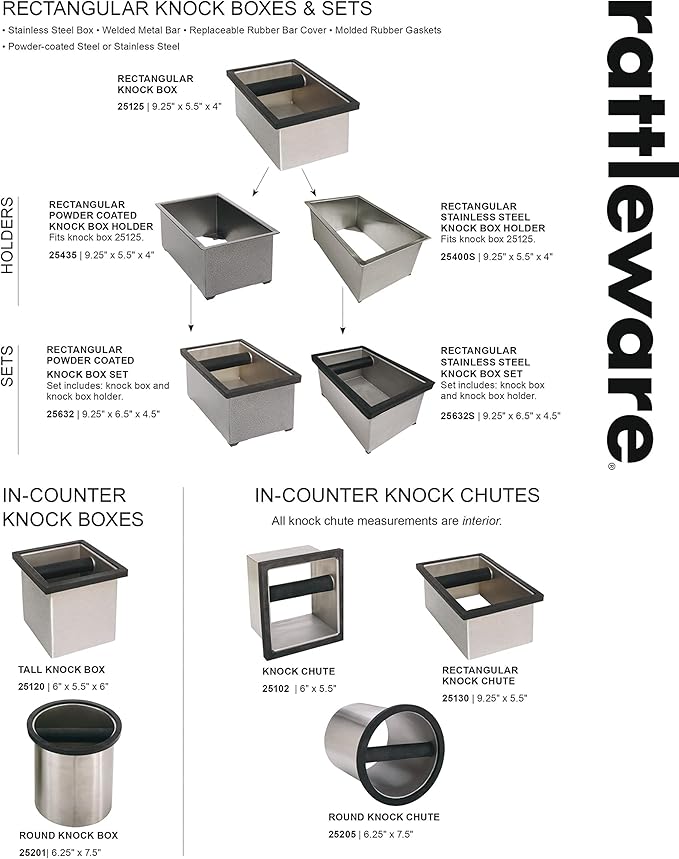 Rattleware Knock Box with Gasket and Splash Guard (9.25" x 5.5" x 4") - Heavy Duty Stainless Steel Construction - Ideal for Espresso Grounds Disposal - Perfect for High-Volume Espresso Bars