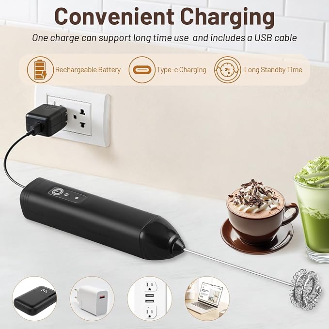 Milk Frother Handheld Rechargeable(Set of 2), Electric Whisk Foam Maker with Detachable Stainless Whisks, 3 Speed Adjustable Hand Drink Mixer for Coffee, Frother Wand for Lattes, Protein, Matcha, Egg