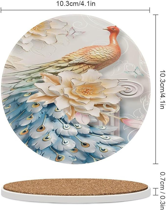 Round-6PCS Peacock Ceramic Coasters, Round Absorbent Drink Coasters, Vintage Country Flower Beautiful Peacock Floral Ceramic Table Coasters for Coffee, Beverage, Wine, Beer Coasters