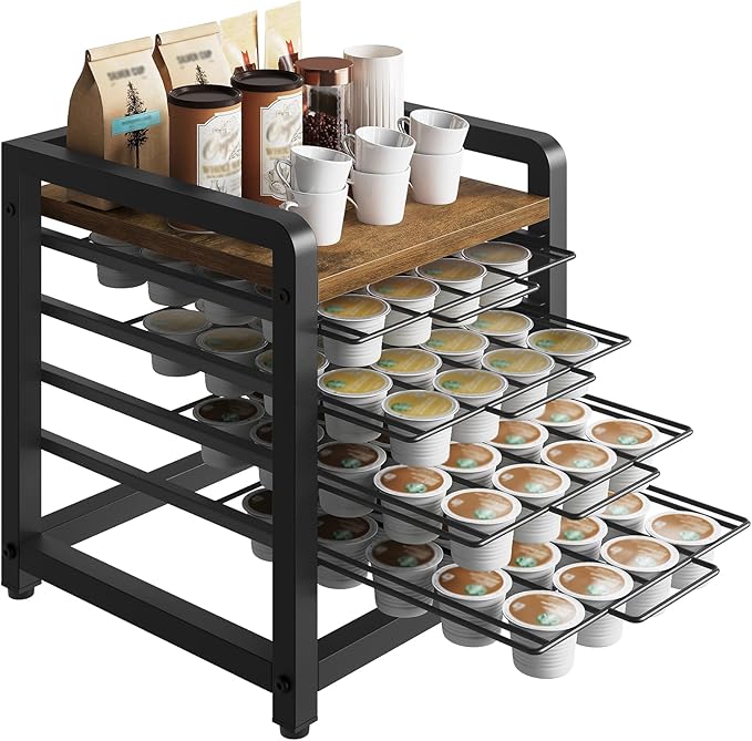Coffee Pod Drawer Holder, 4 Tier Organizer for K Cup, 80 Pods Capacity, Spacious Storage Rack for K Cup, Space Saving, Easy Assembly, for Kitchen, Rustic Brown KH04BRY1
