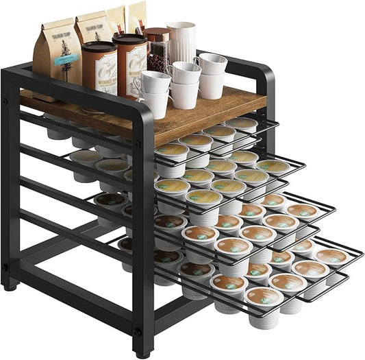 Coffee Pod Drawer Holder, 4 Tier Organizer for K Cup, 80 Pods Capacity, Spacious Storage Rack for K Cup, Space Saving, Easy Assembly, for Kitchen, Rustic Brown KH04BRY1