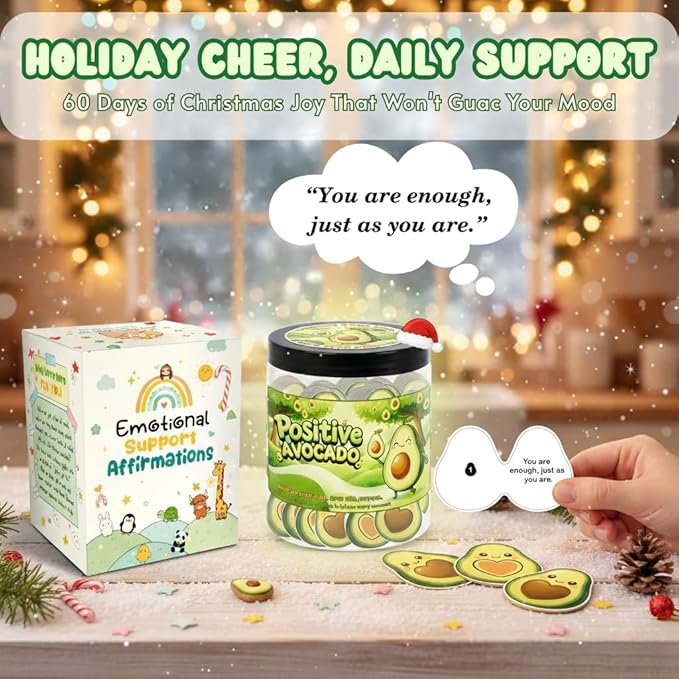 Positive Avocado Jar with 60 Daily Affirmation Cards, Emotional Support Avocado Decor, Gift for Women and Teens, Inspirational Mental Health Jar for Friends Seeking Good Luck and Encouragement